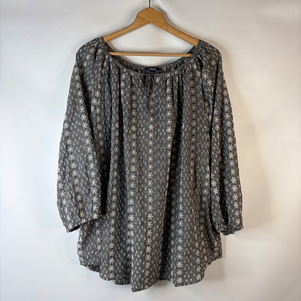 Chaps Peasant Blouse Womens 3X Grey Floral Eyelet Tie Neck 3/4 Sleeve Top